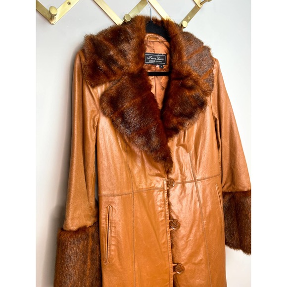 Vintage Jackets & Blazers - Vintage Leather Fur Cuff Trench Coat